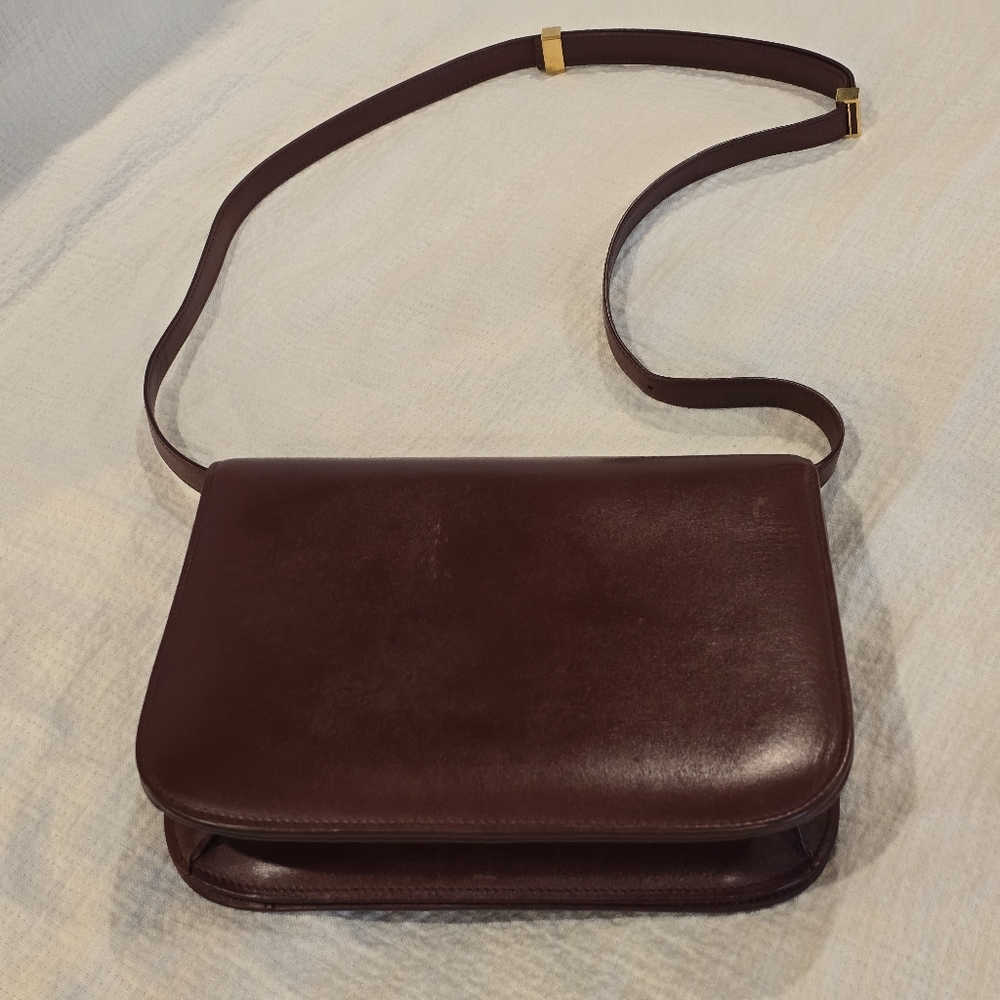Celine Classic Box Leather Medium Bag Flap Purse Teen Triomphe Burgandy Brown - Picture 3 of 16
